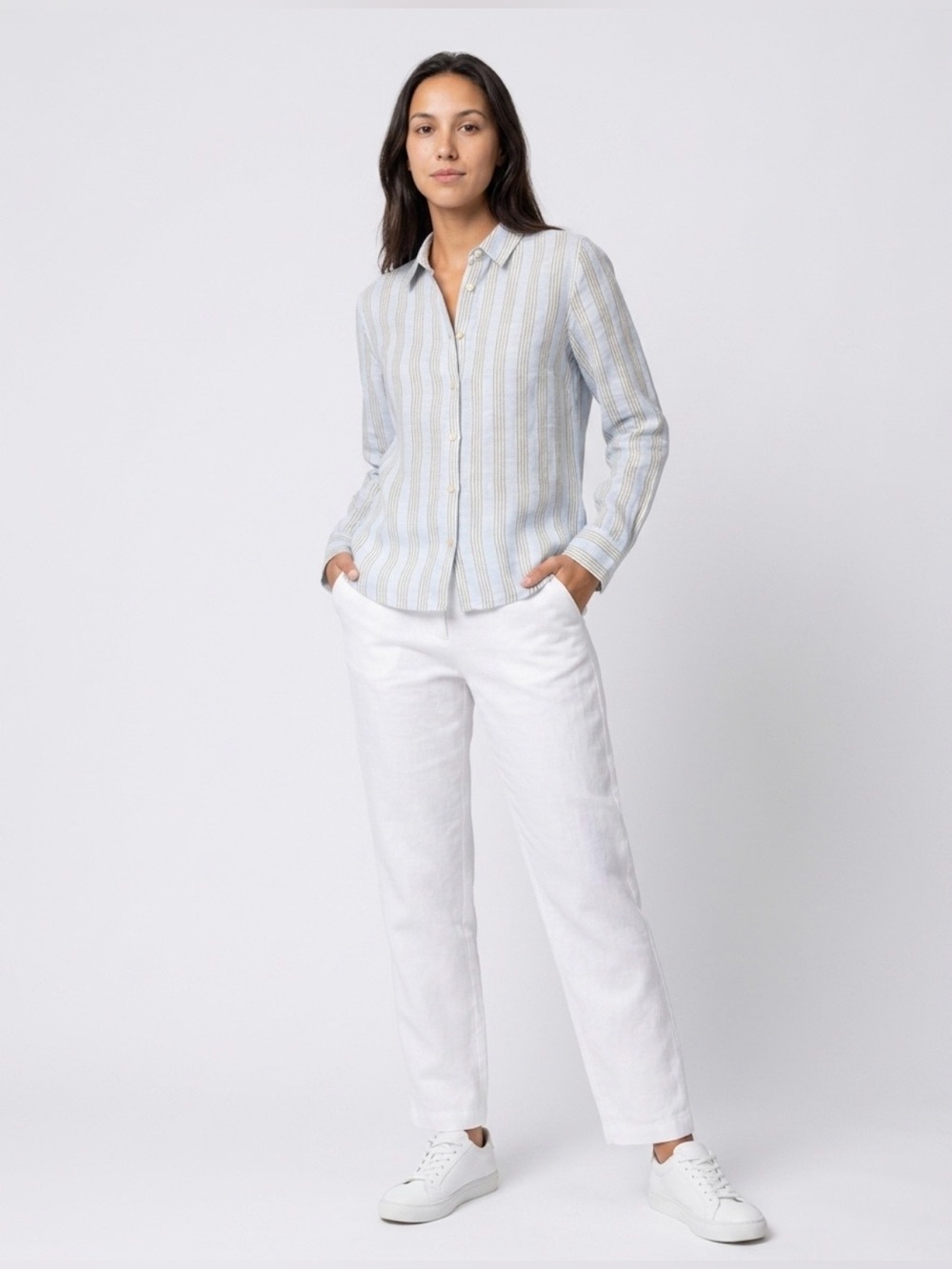 Christian Siriano 100% Linen Long Sleeve Button Down Striped Blue Gold Shirt L